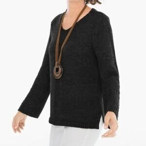Chico’s Sz 2 The Betti Black Knit Tape Yarn Long Sleeve V-neck Pullover Sweater